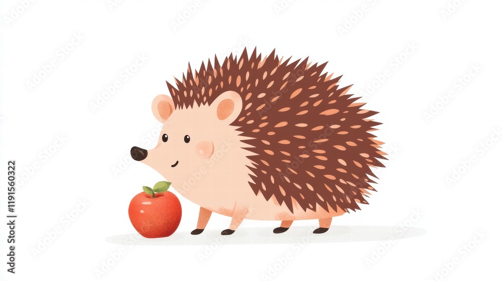 Poster Cheerful hedgehog with an apple on its back enjoying a sunny day in an enchanting forest setting. Generative AI