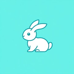 Cute white rabbit sitting, teal background, simple line art, children's book illustration