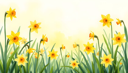 Yellow daffodils blooming in grassy field