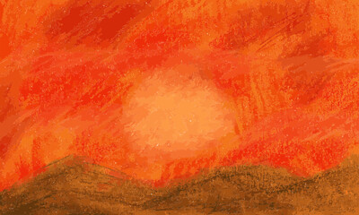 Sunset over brown hills - soft pastel chalk - hand drawn