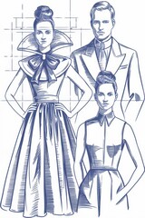 Fashion Illustration of Three Stylish Individuals in Vintage Attire