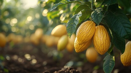 Ripe yellow cocoa pods hanging on tree branches in a plantation at sunset.