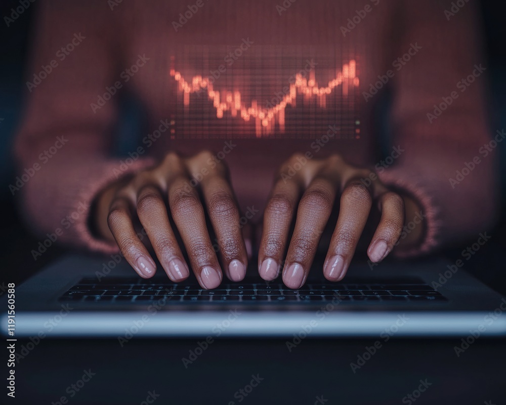 Poster innovative tech investment close-up of typing hands with holographic stock trends display
