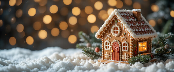 Christmas arrangement featuring a gingerbread house and fir branches in snow against a backdrop of blurred lights. Idea for Christmas, New Year, winter festivities.

