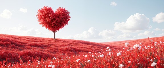 Heart-shaped red tree in a vibrant red field with white flowers under a blue sky with clouds. Romantic Valentine's Day landscape. Design for greeting cards, posters, and wallpapers.