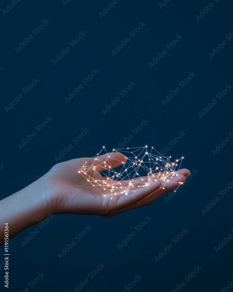Poster Futuristic Data Connectivity Glowing Network in Human Hand for Digital Transformation