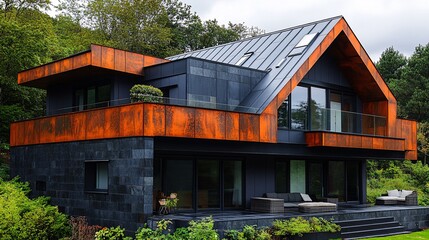 Modern architectural design of a stylish house surrounded by lush greenery