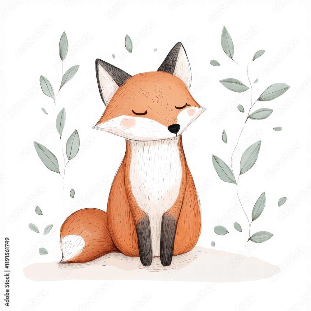 Poster charming fox illustration surrounded by elegant minimalist leaves in a serene setting. generative ai