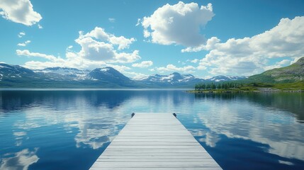 Fototapeta premium Serene Mountain Lake With Wooden Dock