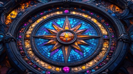 Obraz premium Ornate Mosaic Compass Rose Design Featuring Jewel Tones