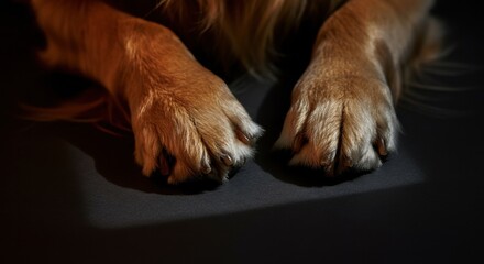 Close-up of a dog's paws resting on a dark surface