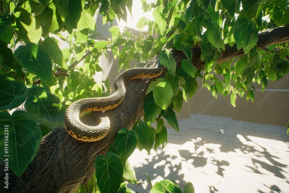 Wall mural Serene Snake Resting on a Sunlit Tree Branch in a Peaceful Courtyard Setting