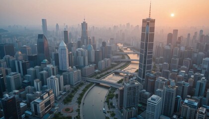 Obraz premium Warm sunlight bathes the modern cityscape of highlighting prominent skyscrapers and a gently curving river amidst the urban expanse at dawn.