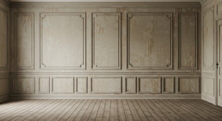 Ornate classical interior, cream-colored wall paneling, intricate moldings, wooden wainscoting, vintage architectural details, empty room, worn wooden floor, sepia tones, atmospheric lighting, high-re