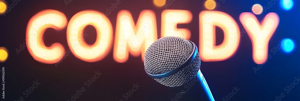 Poster professional microphone positioned for a comedian delivering a live comedy show on stage, illuminate
