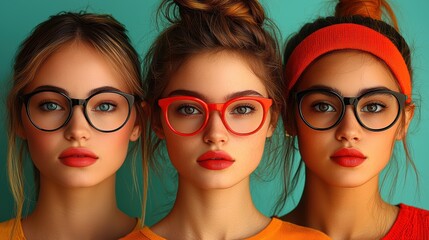 Three young caucasian females wearing glasses and red lipstick against teal background