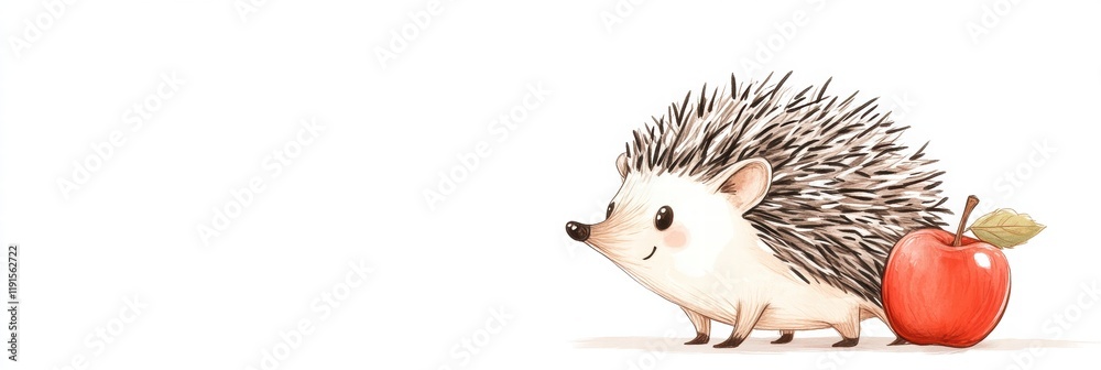 Aufkleber cute illustrated hedgehog happily carrying a bright red apple on its back in a cheerful setting. gen