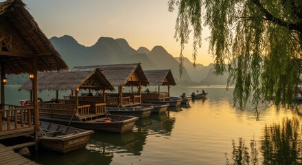 Fototapeta premium Tranquil lakeside scene, traditional Asian wooden boats, floating pier, thatched roof pavilions, willow tree, golden sunset light, misty mountains in background, reflective water surface, serene atmos