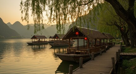 Obraz premium Tranquil lakeside scene, traditional Asian wooden boats, floating pier, thatched roof pavilions, willow tree, golden sunset light, misty mountains in background, reflective water surface, serene atmos