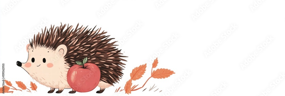 Poster charming hedgehog balancing an apple on its back among autumn leaves in a whimsical forest setting. 