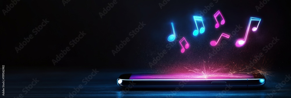 Poster Music notes are coming out of a smartphone placed on a wooden table, creating a magical effect with neon light and glitter, representing music streaming
