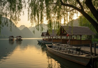 Fototapeta premium Tranquil lakeside scene, traditional Asian wooden boats, floating pier, thatched roof pavilions, willow tree, golden sunset light, misty mountains in background, reflective water surface, serene atmos