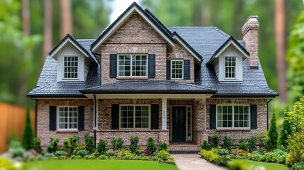 Charming two-story brick house with manicured garden and front porch