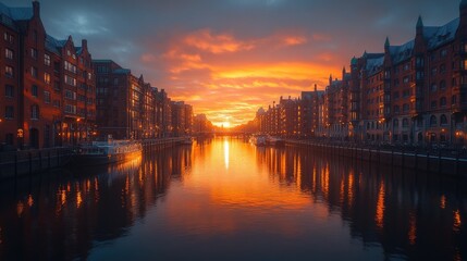 Fototapeta premium Sunset over Hamburg canal reflecting buildings and boats