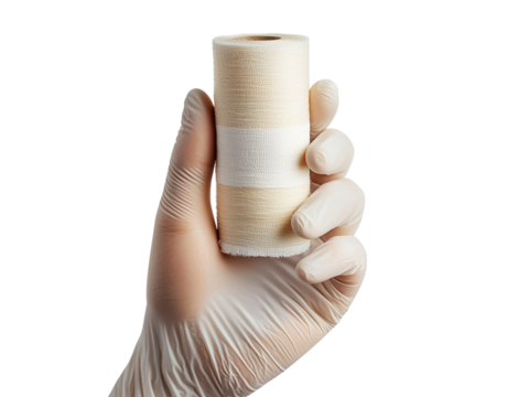 Medical Hand Holding Bandage Roll for First Aid Isolated on transparent background