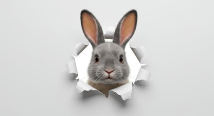 Obraz premium Realistic rabbit portrait, paper breakthrough effect, curious bunny face, large ears, textured fur, white background, 3D illusion, whimsical animal art, photorealistic detail, trompe l'oeil, soft ligh