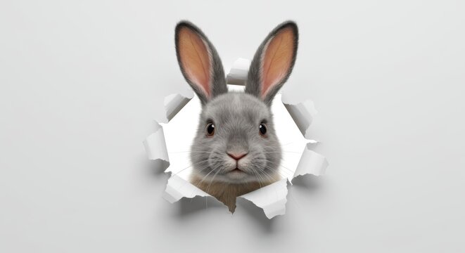 Realistic rabbit portrait, paper breakthrough effect, curious bunny face, large ears, textured fur, white background, 3D illusion, whimsical animal art, photorealistic detail, trompe l'oeil, soft ligh