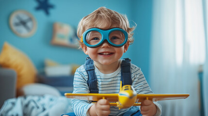 Happy smiling little toddler aviator pilot boy wearing googles and holding plastic airplane model toy in his room. imagination, dream, play, freedom.