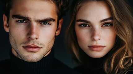 The serious faces of a young man and woman are highlighted in a close-up shot.