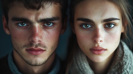 The serious faces of a young man and woman are highlighted in a close-up shot.