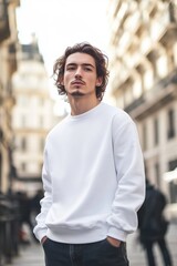 Fototapeta premium A young man with curly hair stands confidently on a city street, wearing a white sweatshirt mockup and dark jeans. The background features blurred buildings and pedestrians.