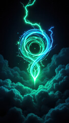 Vibrant abstract light effect with blue and green hues on a cloudy night sky.