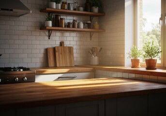 Rustic kitchen countertop, warm sunlight, wooden cutting board, subway tile backsplash, open shelving, potted plants, cozy atmosphere, soft focus, golden hour, minimalist design, natural materials, vi