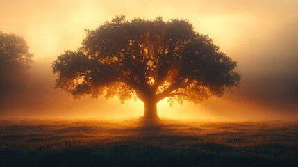 Majestic Oak Tree Silhouetted Against Sunrise Mist