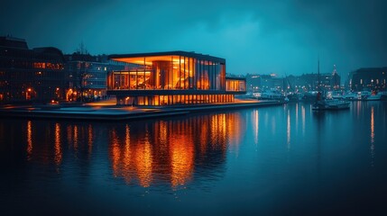 Fototapeta premium Illuminated Modern Building Reflecting on Calm Water at Night
