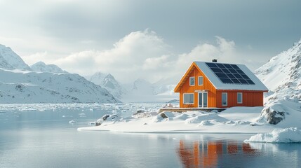 Fototapeta premium Orange Solar Cabin Nestled In Arctic Winter Mountains