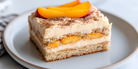Delicious peach tiramisu dessert, layered with creamy filling and biscuit, topped with fresh peach slices.