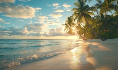 Fototapeta premium the early morning light hitting the palm trees and beach