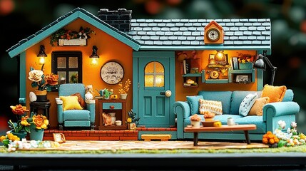 Naklejka premium Miniature Cozy Cottage House Living Room Scene
