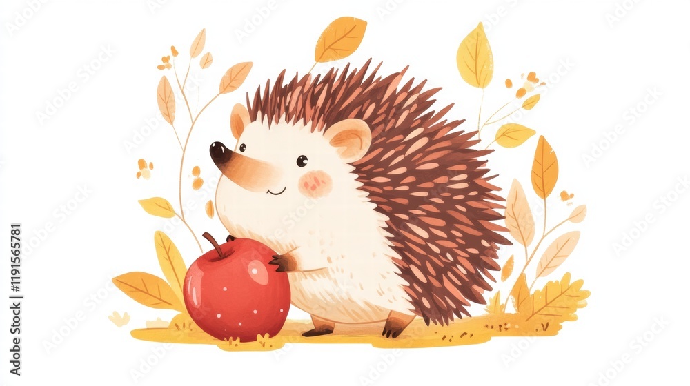 Poster Hedgehog enjoys an apple under fall leaves in a whimsical forest setting with soft colors and cheerful vibes. Generative AI