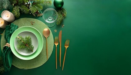 Generated image Elegant green theme table setting for Christmas and New year dinner 
