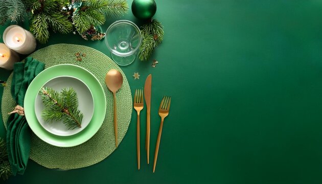 Generated image Elegant green theme table setting for Christmas and New year dinner 
