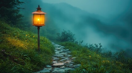 Illuminated Lantern Guides Path Through Misty Green Hills