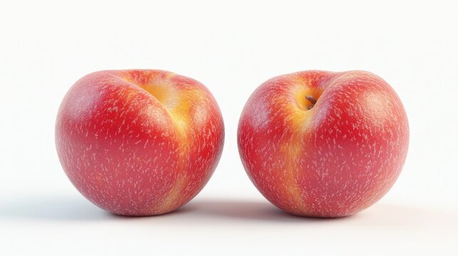 Two ripe nectarines rest side by side on white background