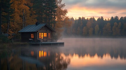 Fototapeta premium Illuminated Cabin on Calm Autumn Lake at Sunrise