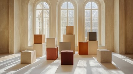 Colorful Cubes Arranged Near Large Windows